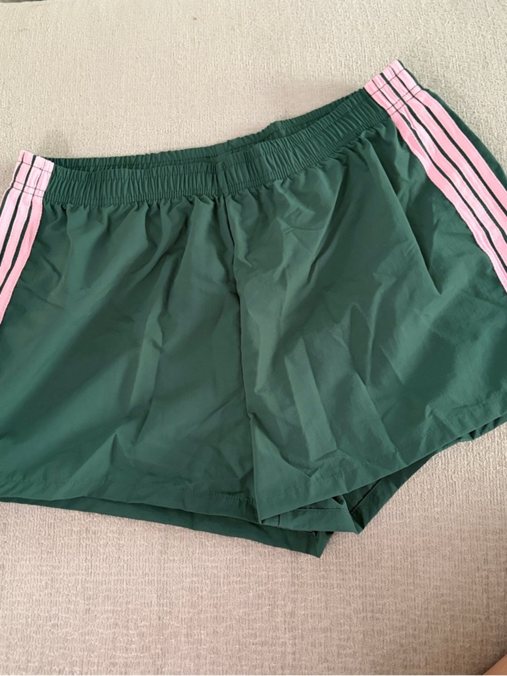 SHEIN Green Athletic Shorts with Pink Side Stripes